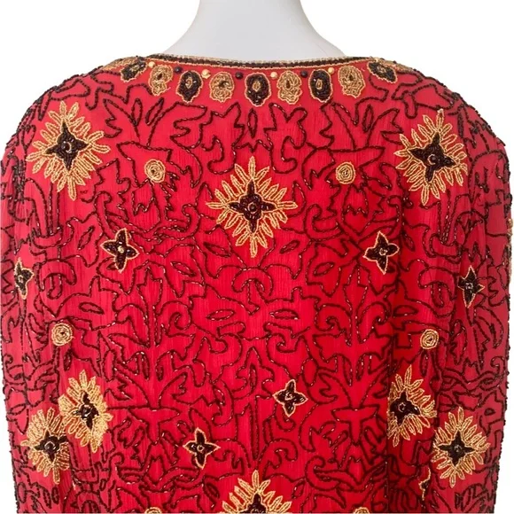 Papell Boutique Evening Vintage 90’s Silk Beaded Jacket Embellished Red Gold 12 - Picture 12 of 16